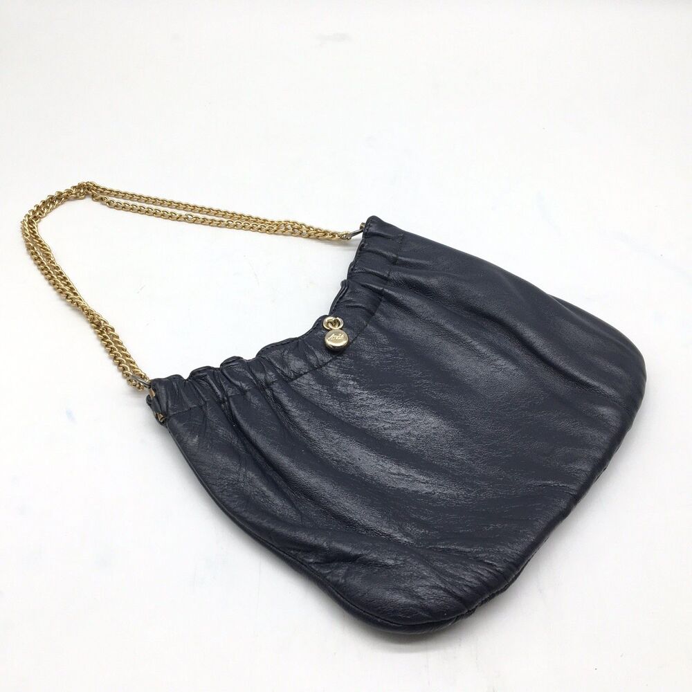 Vtg Ande Navy Blue Leather Clutch Shoulder Bag Gold Chain 10”x8” Hinge Opening